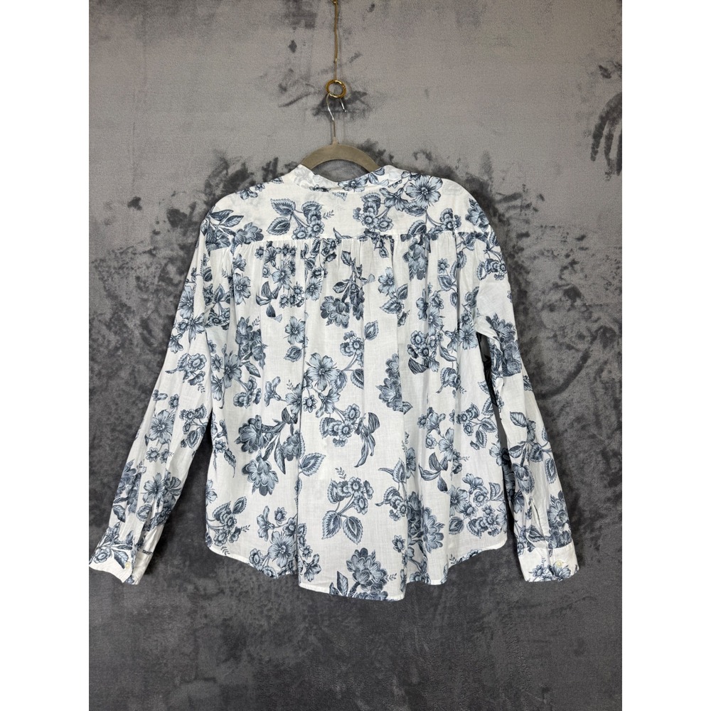 Ann Taylor Blue Floral Cotton Blouse Long Sleeve Split Neck White Top Size M - Picture 6 of 10